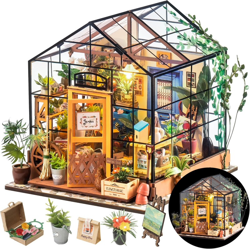 DIY Miniatures Dollhouse Kit, Miniature Greenhouse DIY Craft Kits for Adult to B