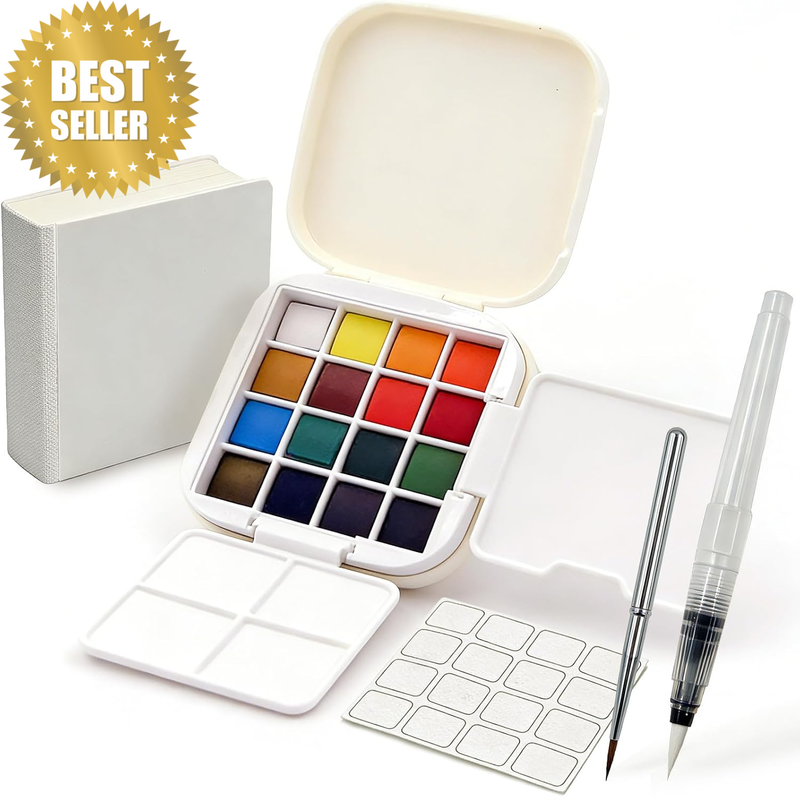 Portable Watercolor Paint Set for Beginners & Adults - 16 Color Travel Art Kit w