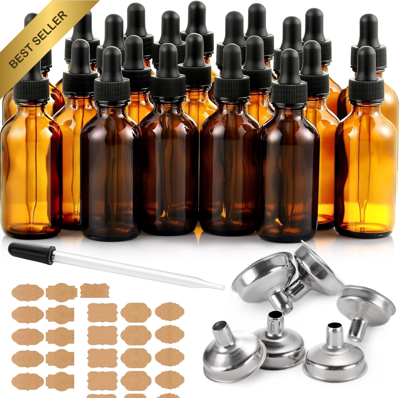24 PCS-2 Oz Amber Dropper Bottles with 6 Funnels & 1 Long Glass Dropper & Labels