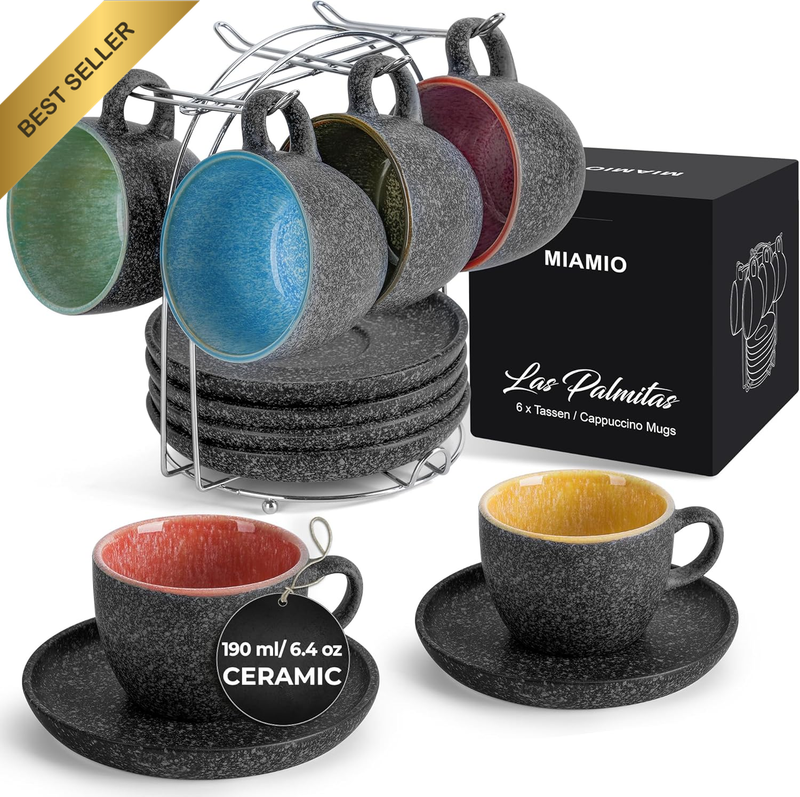 – 190 Ml Ceramic Stackable Cappuccino Cup with Saucers and Metal Stand – Set of