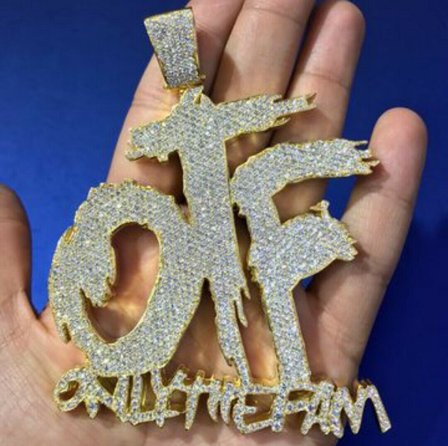 Pre-owned Handmade Men's Real 925 Silver 2.10cts Simulated Diamond Custom "otf" Name Pendant In Gold