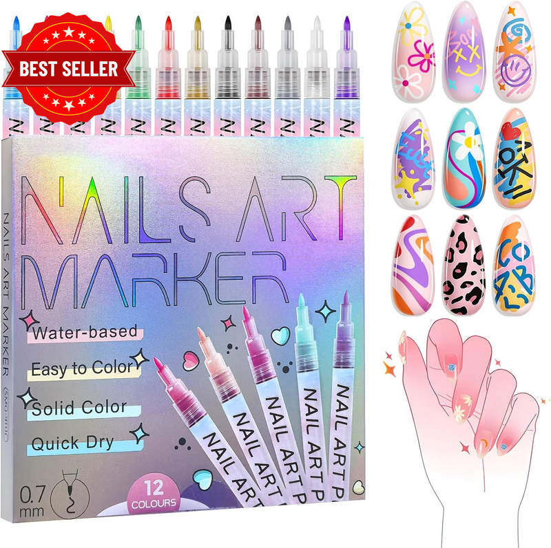 12 Colors Nail Art Pens Set, 0.7Mm Medium Tip Nail Polish Markers, Quick Dry Wat