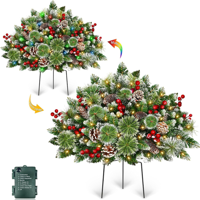 Timer - 2 Pack 24 Inch Lighted Outdoor Christmas Tree Urn Fillers, Warm White&Colorful Lights 8 Mode,Snowy Pinecones Red Berries Battery Operated Tripod Stake Holiday Planters Porch Pathway Yard Decor
