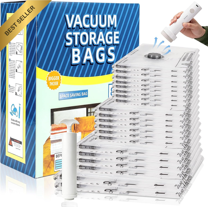 20 Pack Reusable Vacuum Storage Bags with Cordless Electric Pump, 2 Jumbo/4 Larg