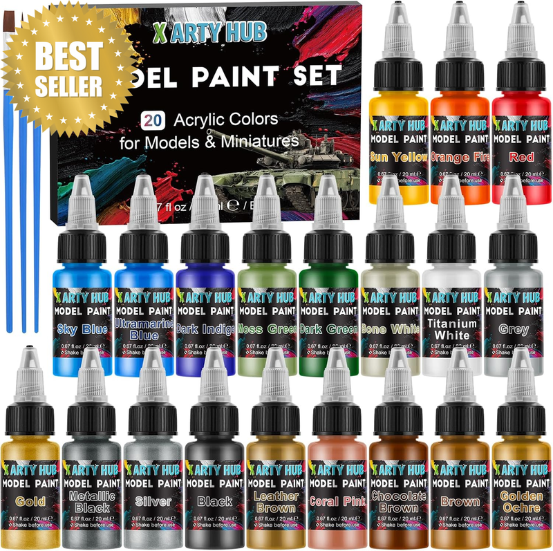 Model Paint Set - 20 Colours with 3 Brushes, Miniature Paints (Base/Skin Tones/S