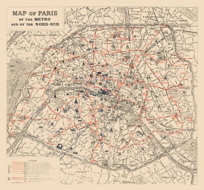 アート・デザイン・音楽 HISTORIC MAPS AND VIEWS OF PARIS Historic Map - Paris France Metro- 1923 - 24.64 x 23