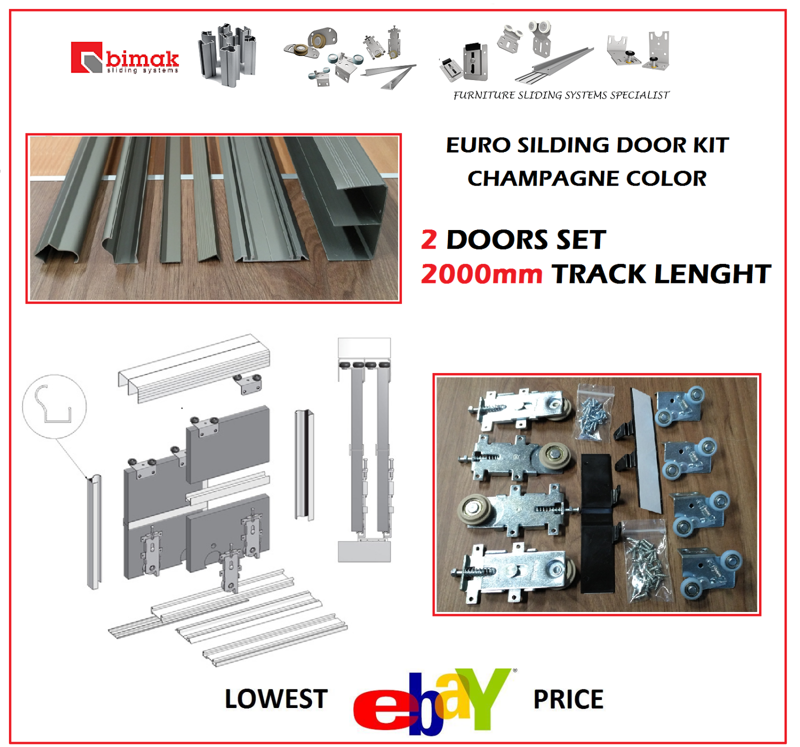 Euro 18 Bimak Sliding Wardrobe Door Gear Set For 3 Doors Track Kit