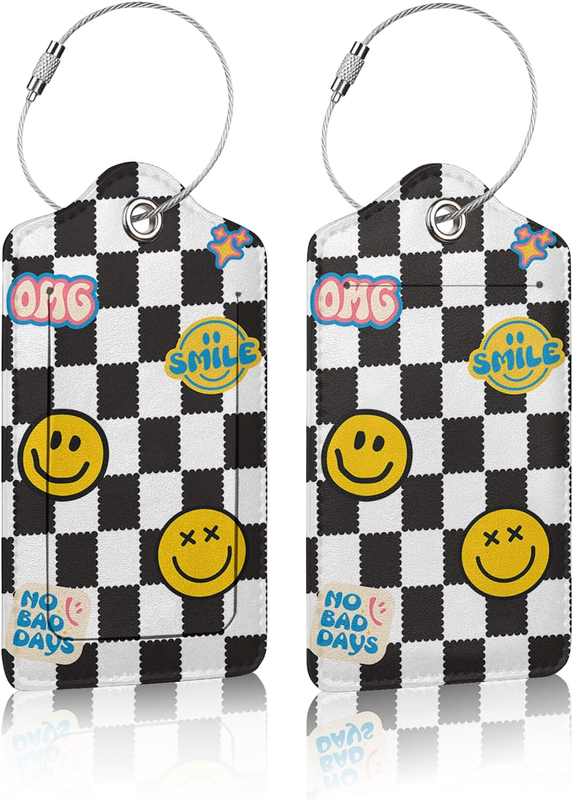 2 Pack Luggage Tag for Suitcases, Black and White Grid Smile Face Leather Baggag