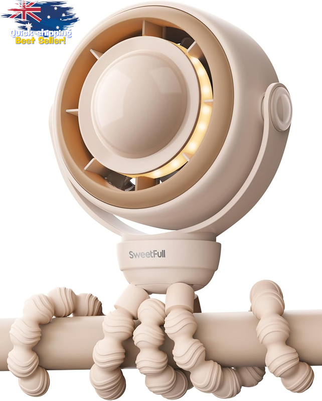 Portable Stroller Fan, 4 Speed Clip-On, 360° Rotate, LED Night Light, Rechargeab