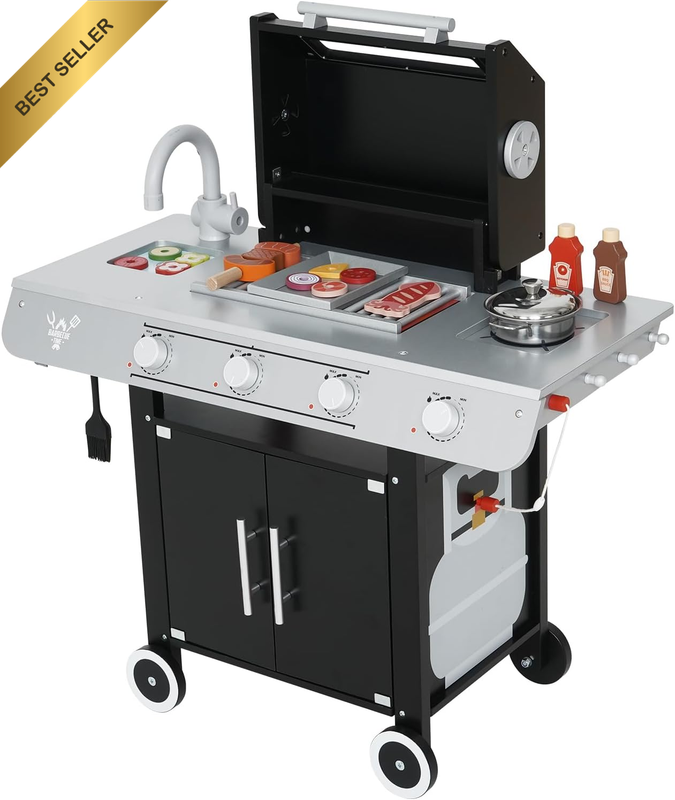 Wooden Play Barbecue Toy Grill, Kids Grill Playset with Toy Food and Grilling To