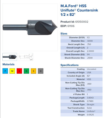 MA Ford HSS Countersink: 1/2'' Head Diam, 1/4'' Shank, 1 Flute 82° Nose 61050002