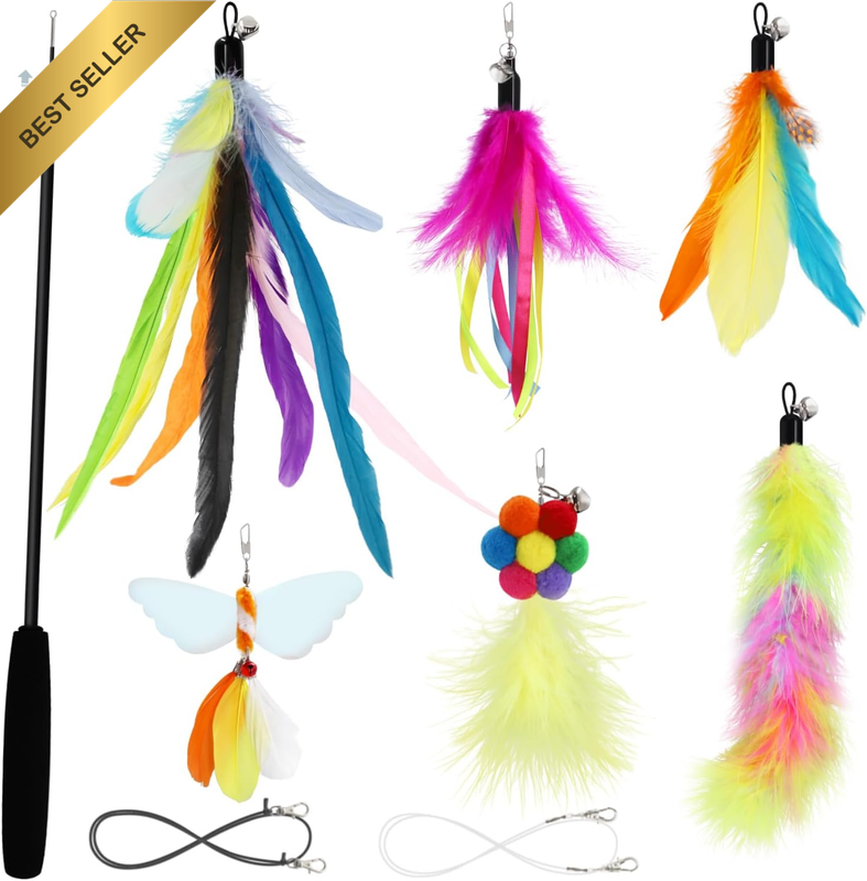 Cat Wand Toy Colorful Feather Set, 1 Extendable Cat Stick + 6 Brand-New Styles o