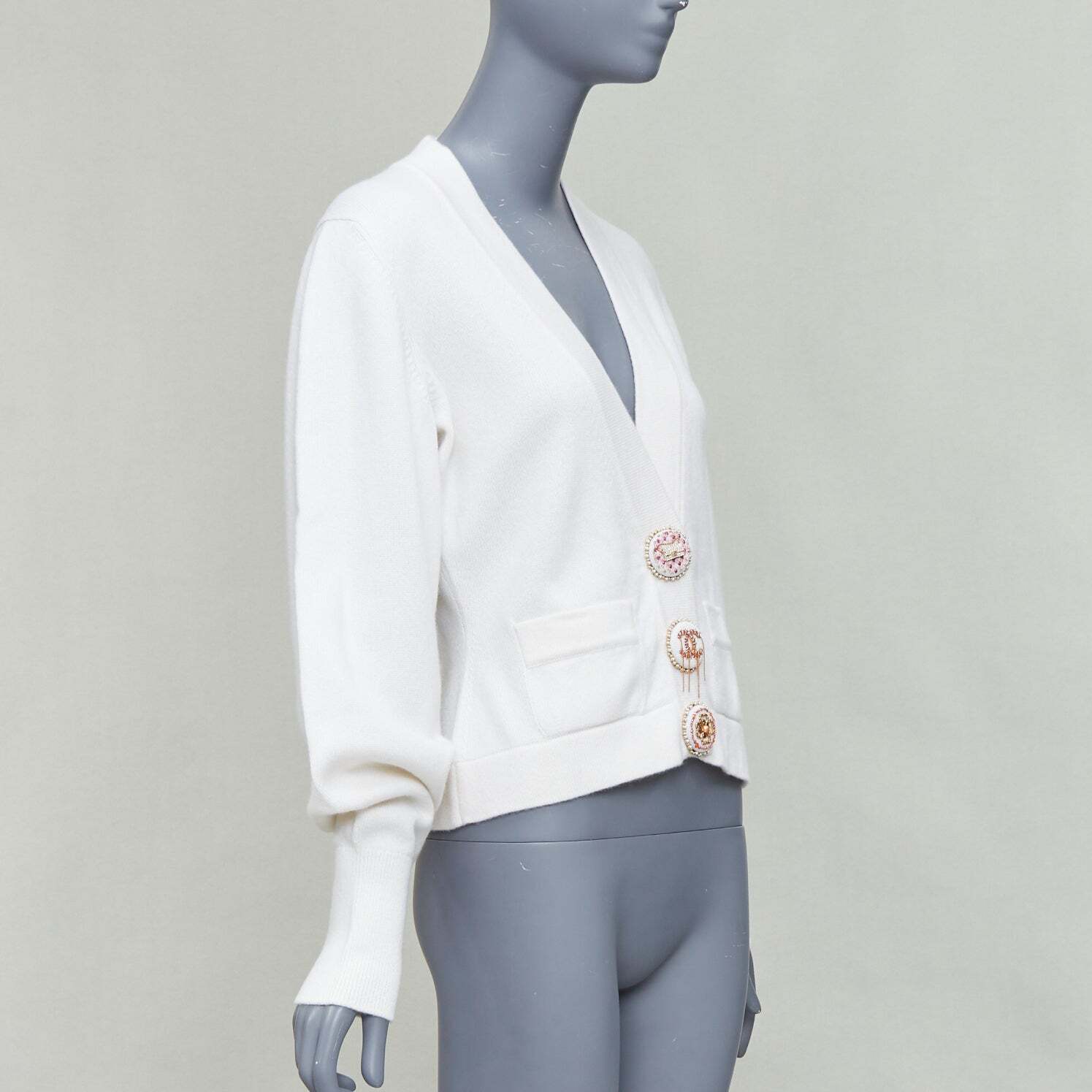 CHANEL 22A off white cashmere blend pink CC crystal buttons