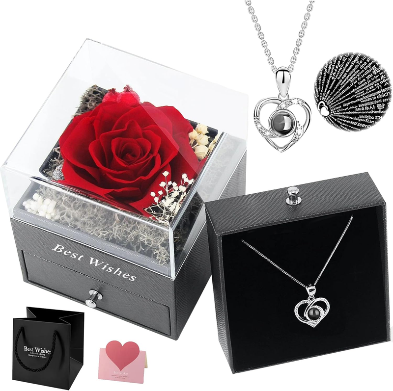 Preserved Real Red Rose with Necklace Gifts for Women, Eternal Roses Forever Flo