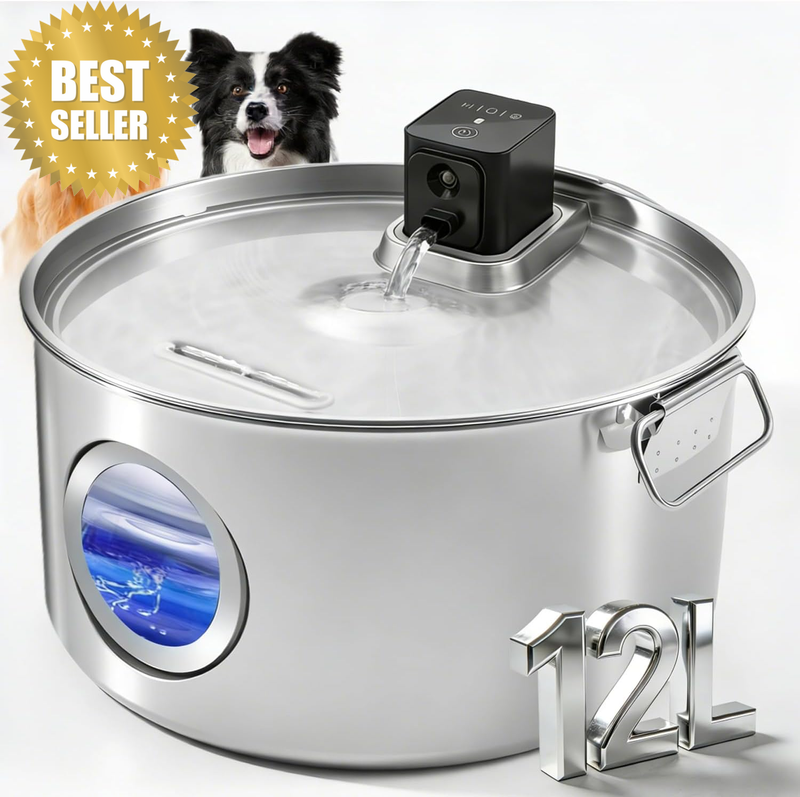Large Dog Water Fountain 12L/3.2Gal, Wireless Stainless Steel Pet Fountain for L