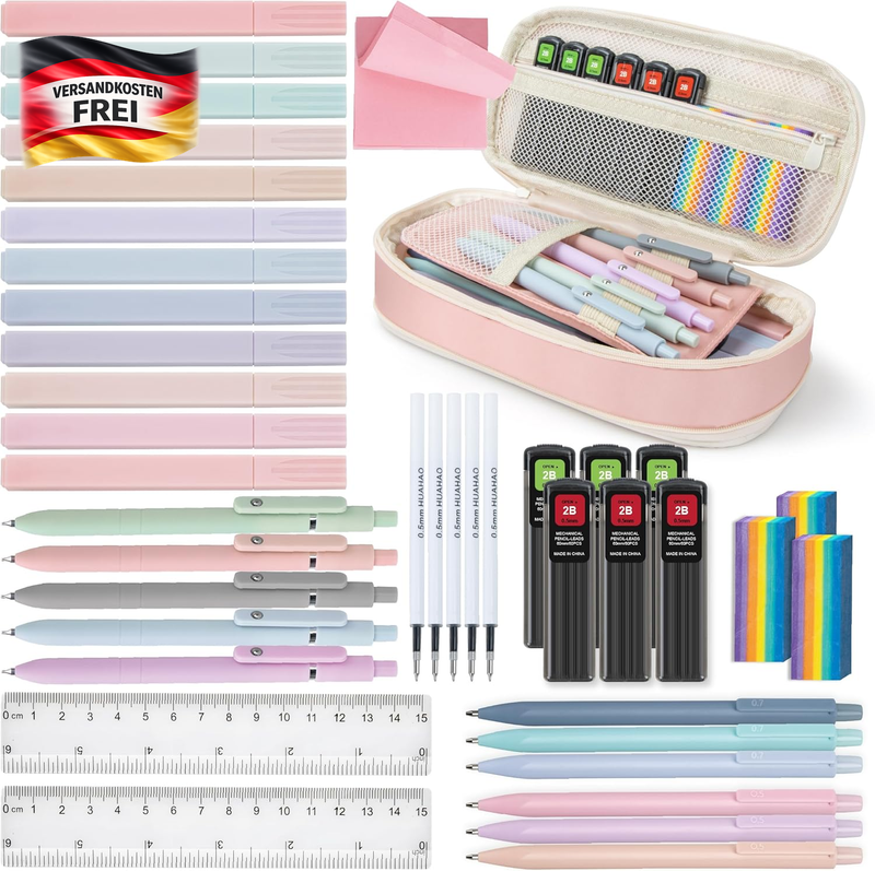 Schulsachen Aesthetic mit Mäppchen Pastell Textmarker Schwarze Gelstifte Druckbleistifte Schreibwaren Set für Teenager Mädchen 41 Stück