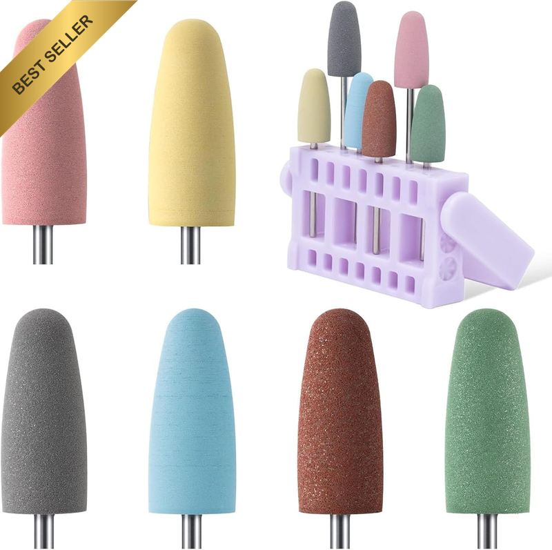 6Pcs Polish Pedicure Nail Drill Bits with 16 Holes Bits Holder Set, Silicone Rub