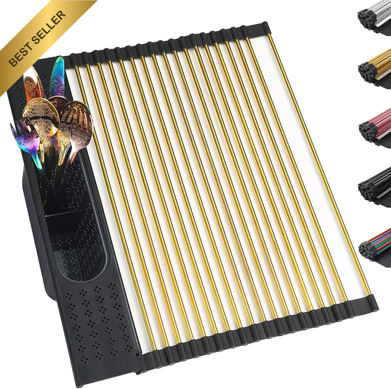 Gold Dish Drying Rack over the Sink, L17.5*W 15" Rollable Tianium Golden Plating