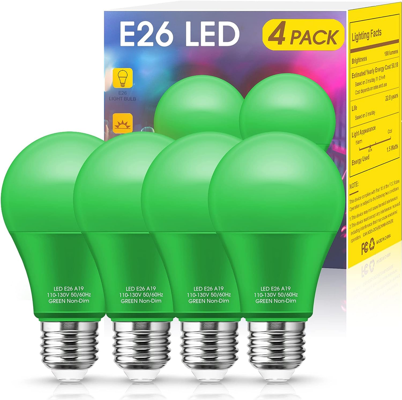 [ 4 Pack ] A19 Green Led Light Bulbs Outdoor 60w Equivalent 