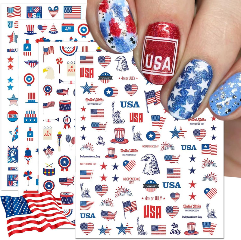 12 Sheets 4Th of July Nail Stickers, Independence Day Patriotic Nail Decals, 3D