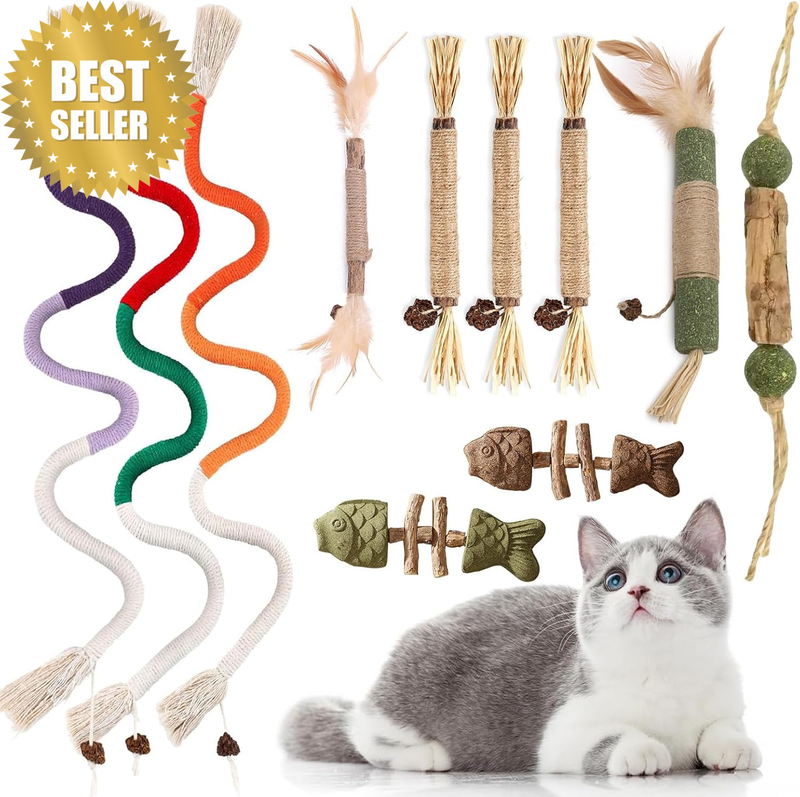 11Pcs Catnip Chew Toys for Cats, Including Cat Natural Silvervine Sticks, Cotton