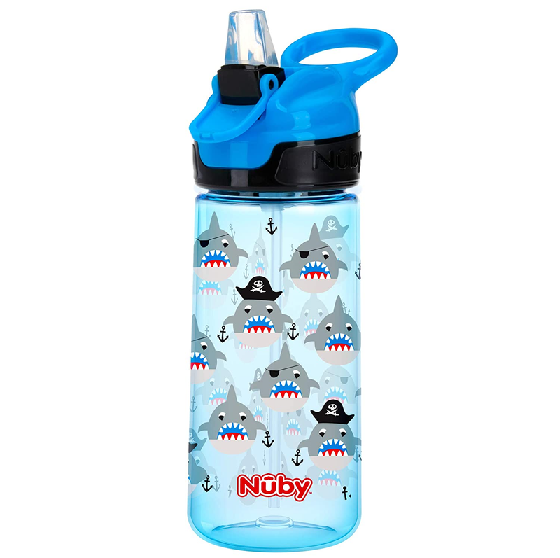 Push Button Flip-It Soft Spout Tritan Water Bottle, Blue Sharks, 18 Oz