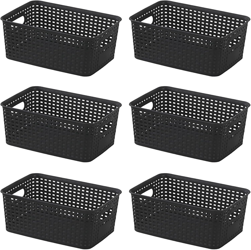 6-Pack Plastic Storage Baskets Set of Stackable Weave Baskets Sturdy Storage Con