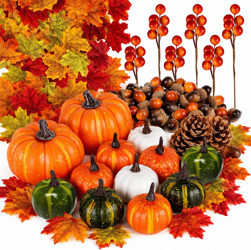 Herbstdeko Kürbis Set 162-Teilig, Künstliche Kürbis Deko