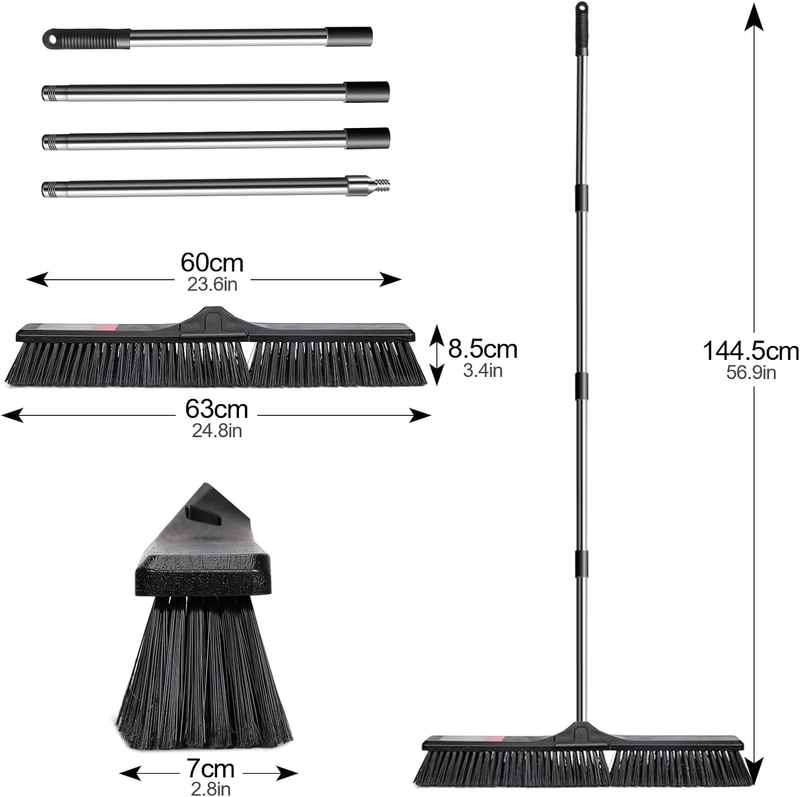 24" Push Broom, Heavy Duty Large Outdoor Brooms with Stiff Bristles, 55" Stainle