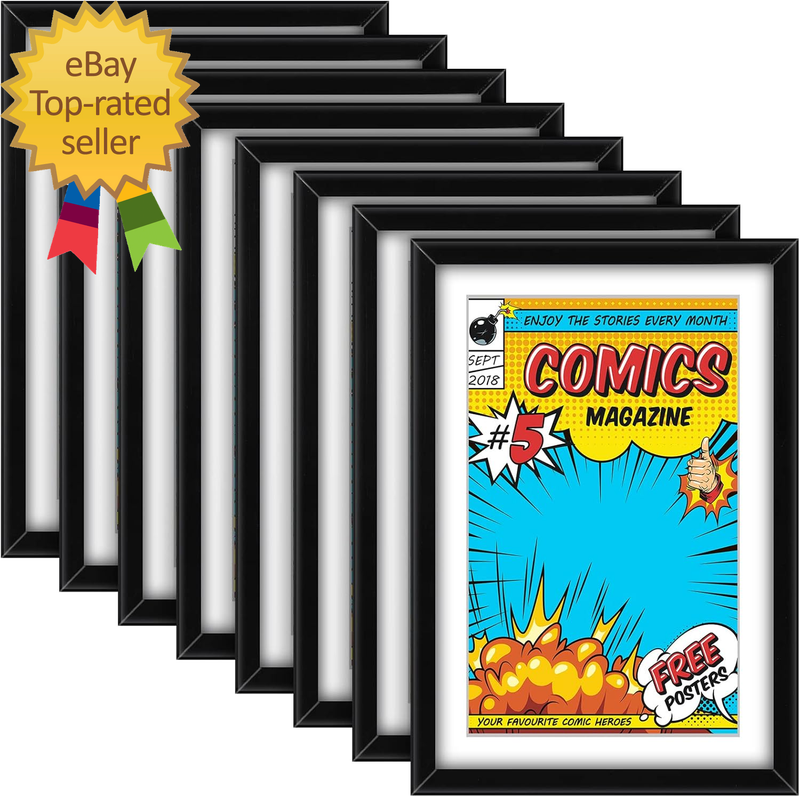 8 Pack Comic Book Frame, UV Protection, Comic Picture Magazine Frames Fits Current up to 6 3/4 X 10 1/4, Wall or Tabletop Display with Spring Clips Installed Hangers(Black (White Mat))