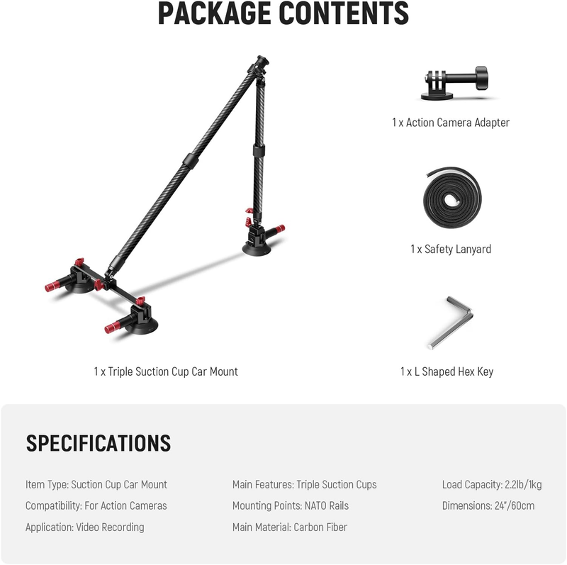 Triple Suction Cup Car Mount Kit, Carbon Fiber Camera Mount with Action Camera A