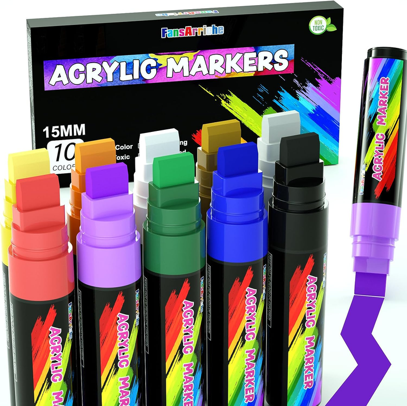 Acrylic Paint Markers, 15Mm Jumbo Felt Tip, 10 Colored Waterproof and Permanent
