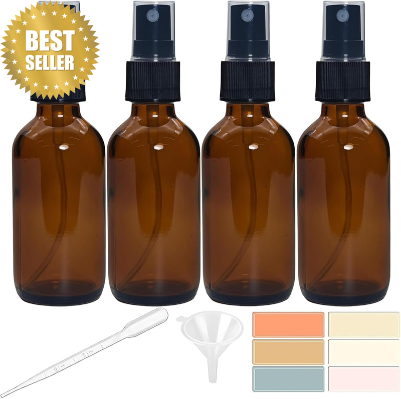 4 PACK 2 Oz Amber Small Glass Spray Bottles, Empty Spray Bottle for Hair, Plants