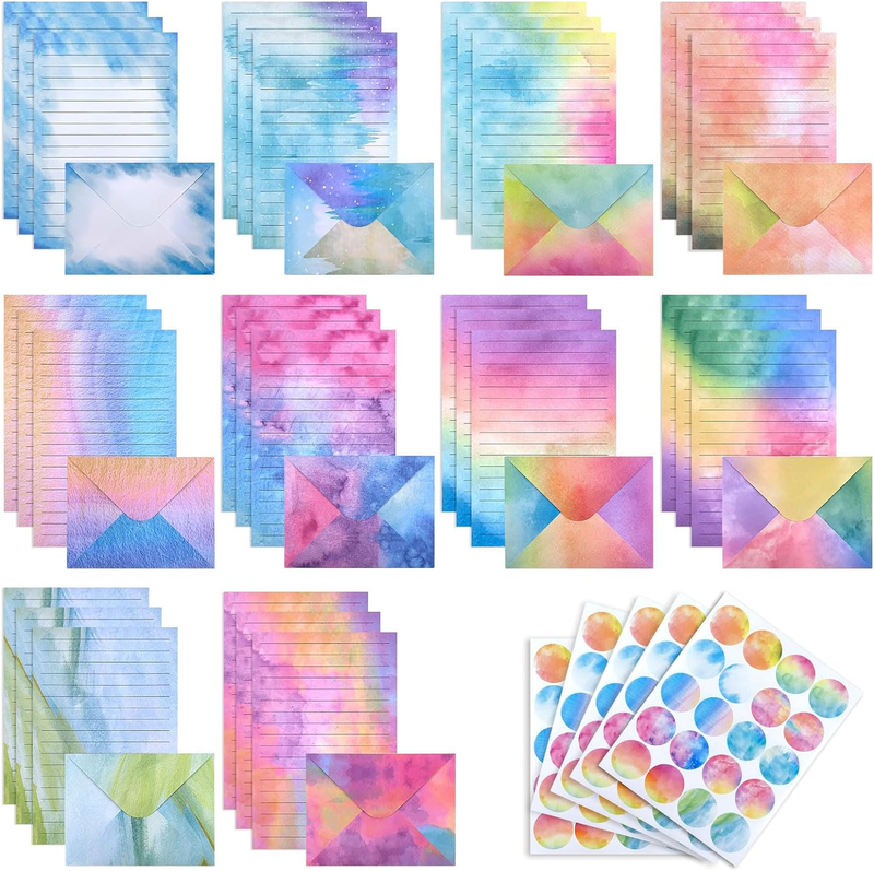 200Pcs Watercolor Stationery Paper and Envelopes Set with Stickers, Double-Sided