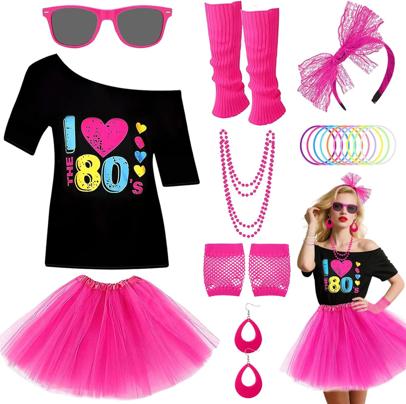 80S Costume Accessories Set for Women, 1980S Neon Party Kit with T-Shirt Tutu Sk