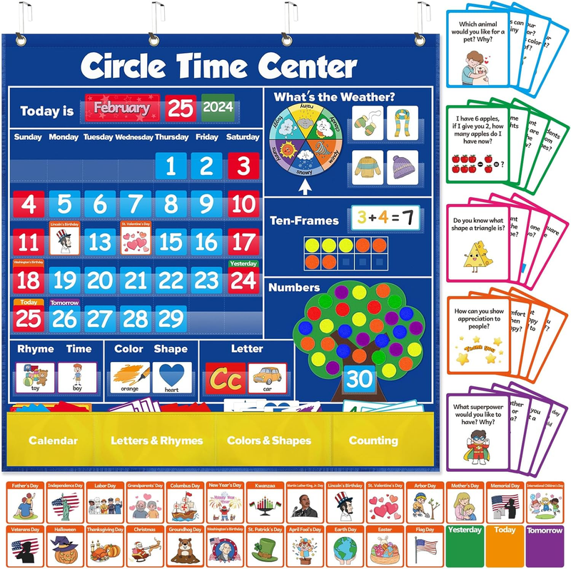 Circle Learning Time Center Pocket Chart Calendar Set, Educational Pocket Chart