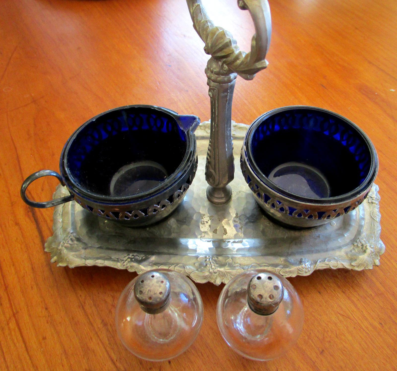 Vintage Silver Sugar & Creamer with Cobalt Glass Inserts on Tray with Salt & Pep