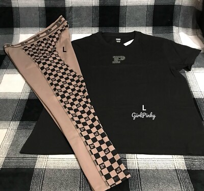 VS PINK Black  Campus Tee & Checkered Ultimate Leggings LARGE SOLD OUT AT VS!!