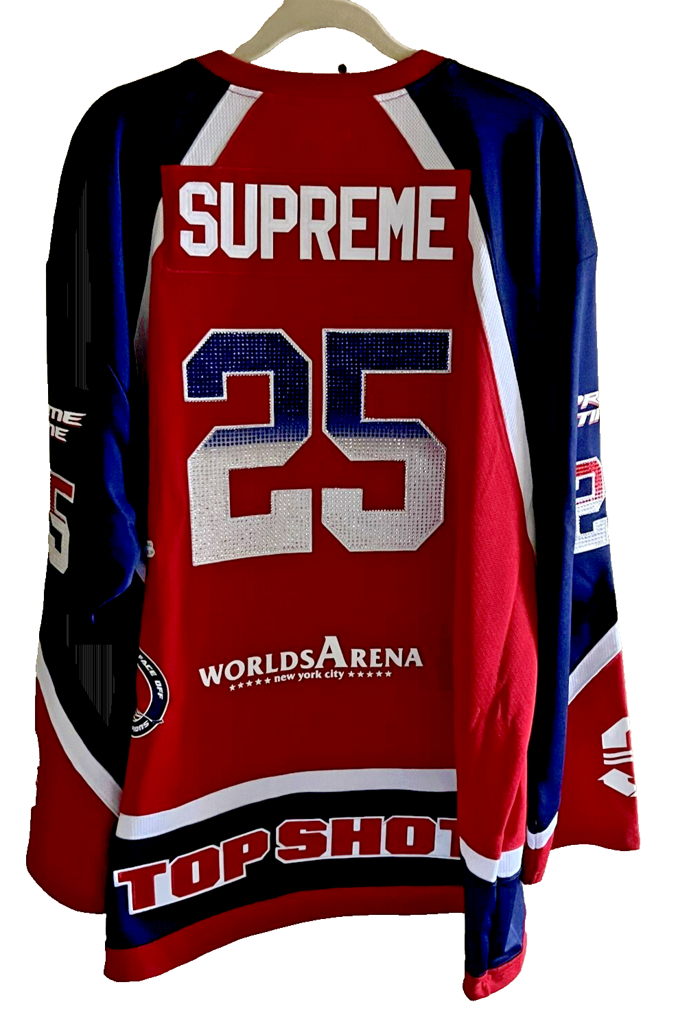 Supreme SS25 Rhinestone Hockey Jersey Red/Blue - Men's Size Supreme SS25 Rhinestone Hockey Jersey Red/Blue - Men's Size