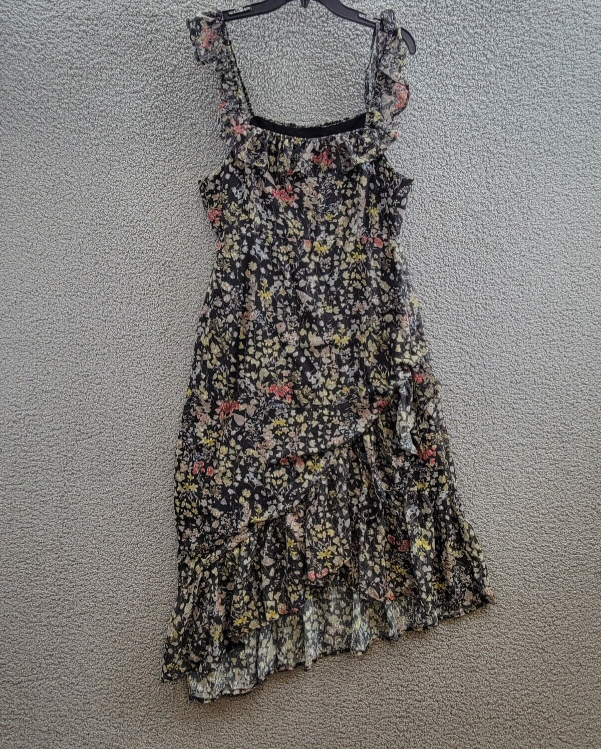 AQUA Floral Print Ruffled Midi Dress Women's XL Black Multi Square Neck Side Zip - Picture 2 of 14