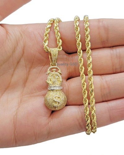 Pre-owned Quality Gold Money Bag Charm Pendant 10k Yellow Gold 0.60 Ct Diamond Men's Charm Real, 1.2"