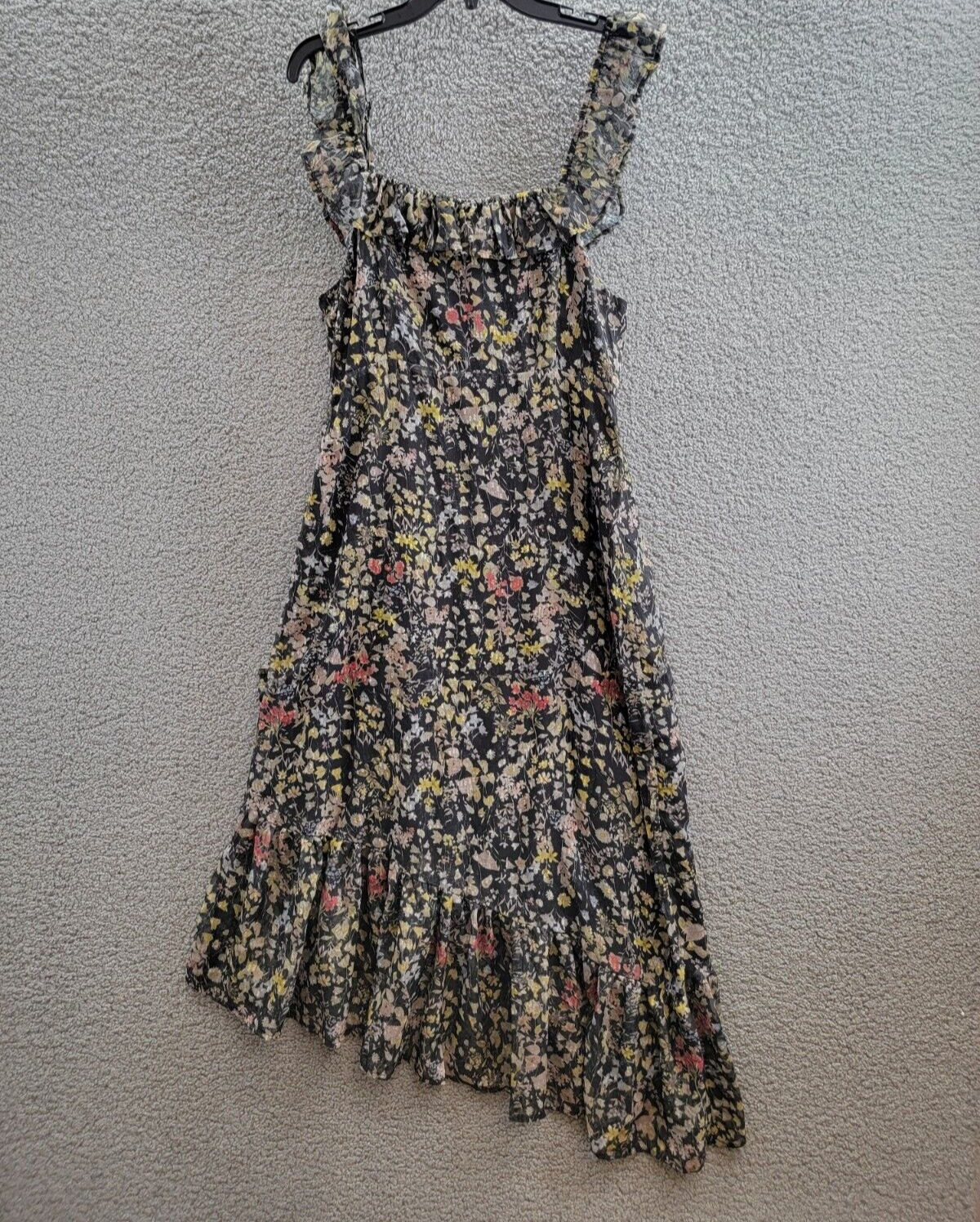 AQUA Floral Print Ruffled Midi Dress Women's XL Black Multi Square Neck Side Zip - Picture 10 of 14