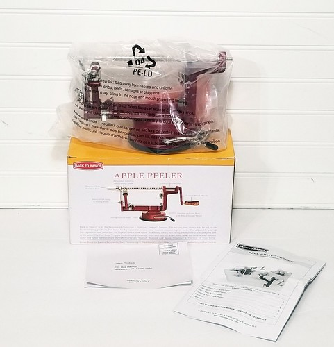 Back To Basics Cast Iron Red Apple Potato Peeler Core Slice Manual w/Recipes NEW