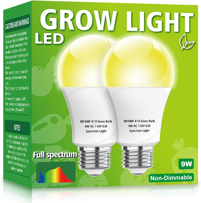 Mfxmf 2 Pack LED Grow Light Bulbs A19 Bulb, Full Spectrum Plant Light Bulb, 9W E