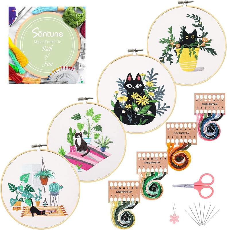 4Pcs Embroidery Kit with Cat and Plant Patterns, Instructions for Beginners Cros