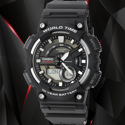 Casio AEQ-110W-1A Mens Black 100M World Time Digital Watch Analog Sports New