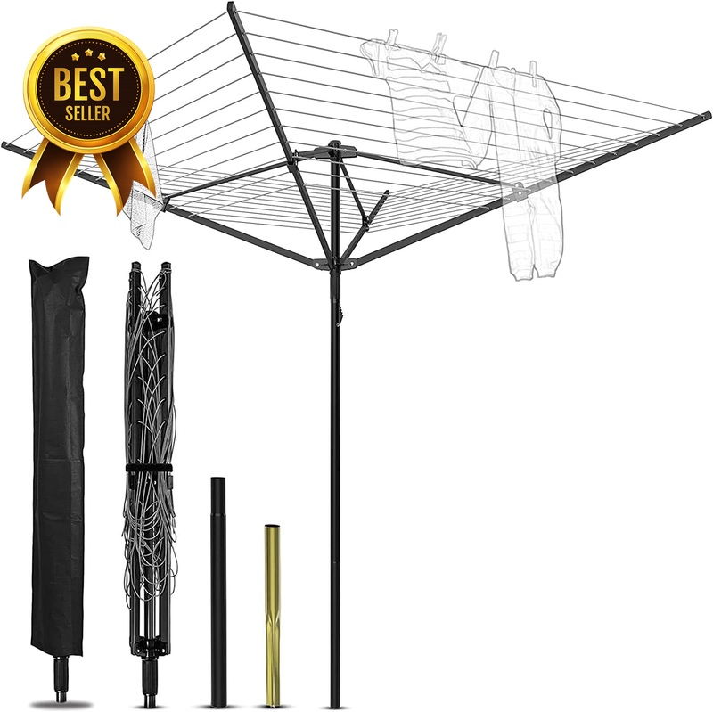 4-Arm 165-Foot 12-Line Steel Outdoor Umbrella Clothesline Drying Rack