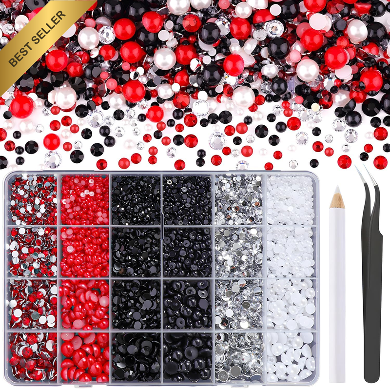 9000 Pcs Red Black Flatback Pearls Rhinestones Half round Nail Art, 3-8 Mm Flat-