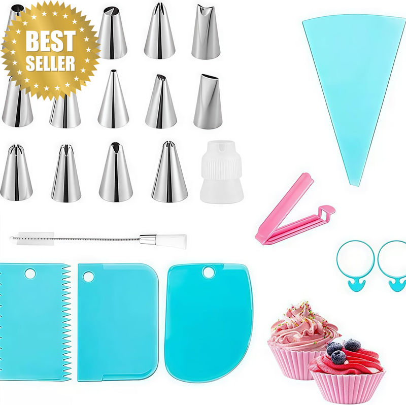 25Pcs Silicone Piping Bags and Nozzles Set Stainless Steel Tips Baking Kit