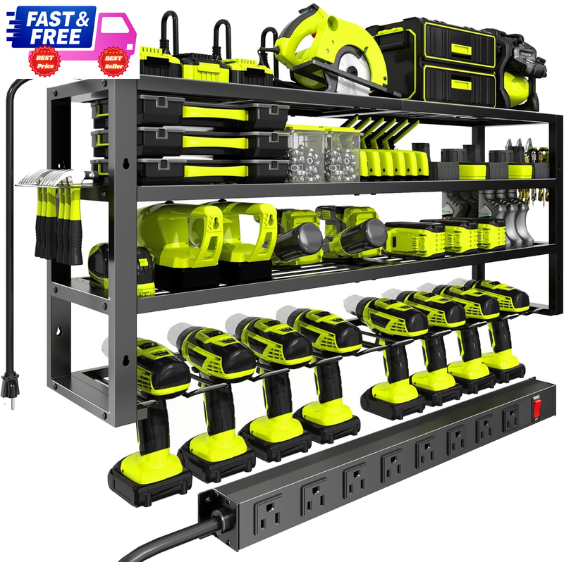 Large Power Tool Organizer Wall Mount w/ Charging Station 8-Outlet 8-Drill Holde